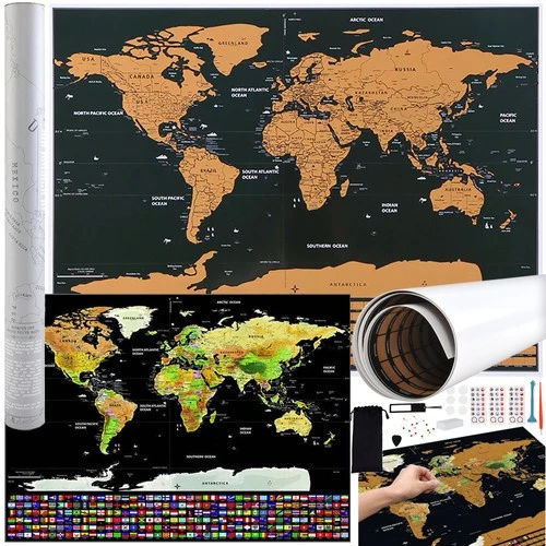 Malatec Wereldkaart Kraskaart - Met Vlaggen & Accessoires - 82x59 cm