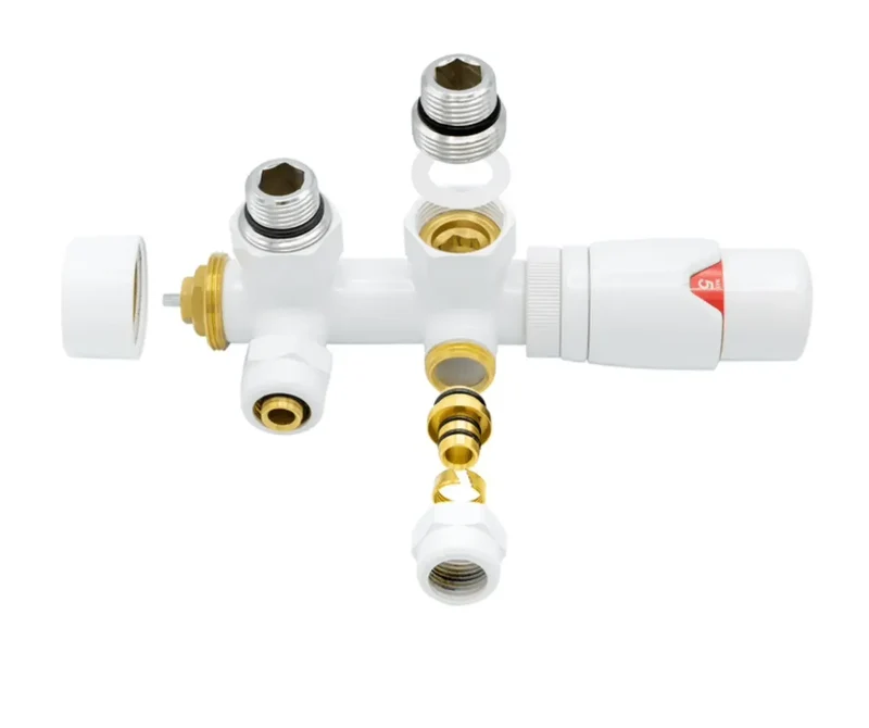 Thermostatische Radiatorkraan aansluitset 1/2" - 3/4" met thermostaatknop - haaks- wit