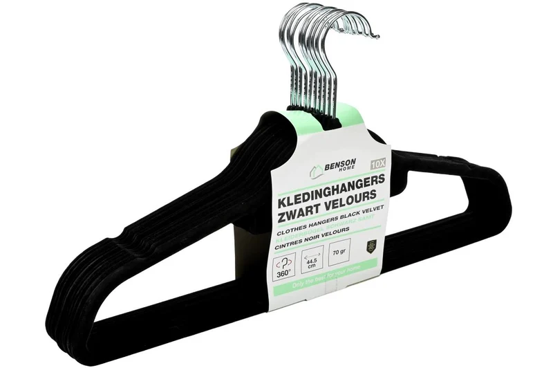 Benson Velours Kledinghangers - Anti-slip - Zwart - Set van 10