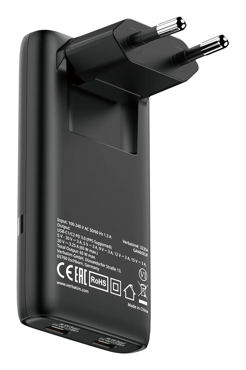 Verbatim Fold N Go Gan Charger 65W 2Xusb C Schw.klappb.st.32354
