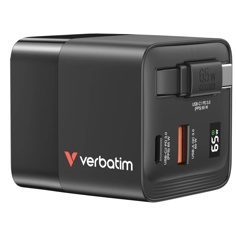 Verbatim Gan Charger 65W 2Xusb-C Pd,1Xusb-A, Retrac. Cable 32217
