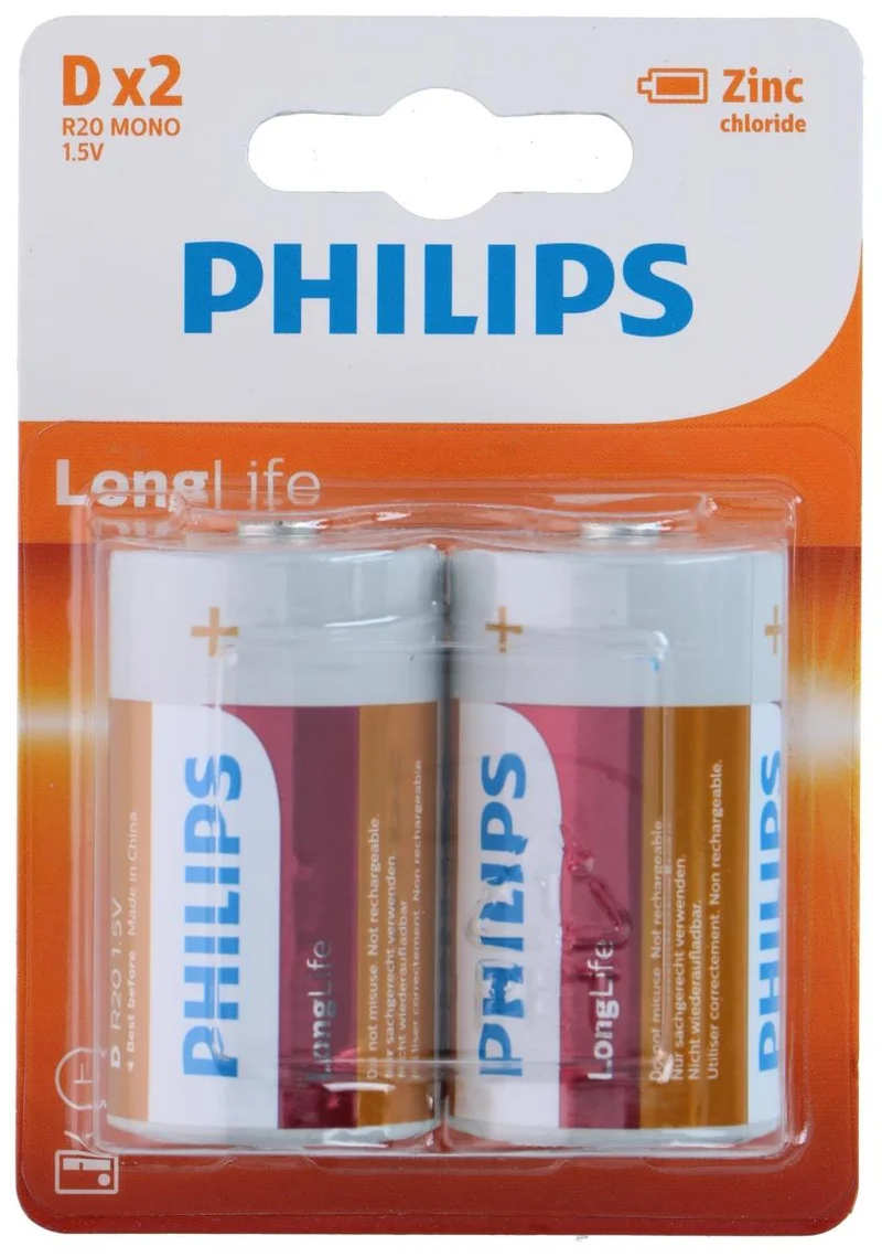 Philips LongLife D Batterijen - R20 - 1.5V - 2 stuks