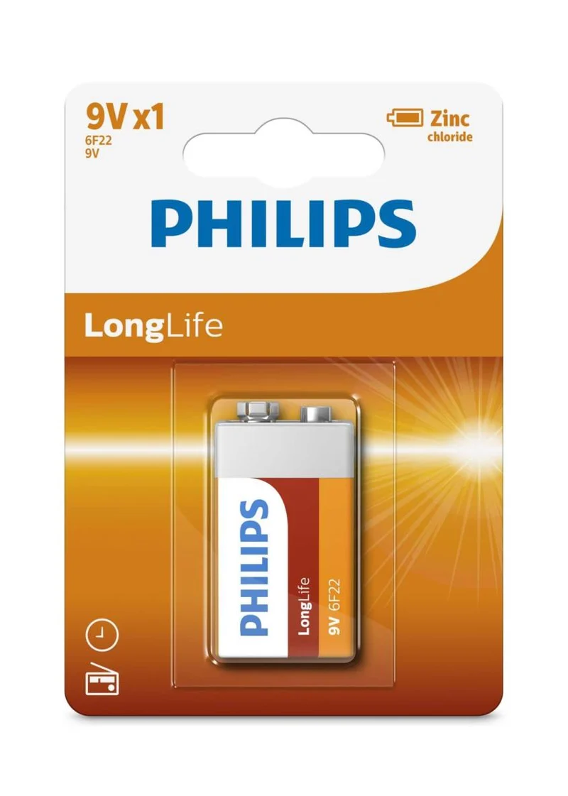 Philips LongLife 9V Batterij - 6F22 - Blokbatterij - Zink-Chloride