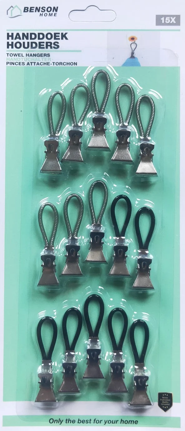 Benson Handdoekknijpers met Klemlippen - 15 stuks - Grijs/Zwart