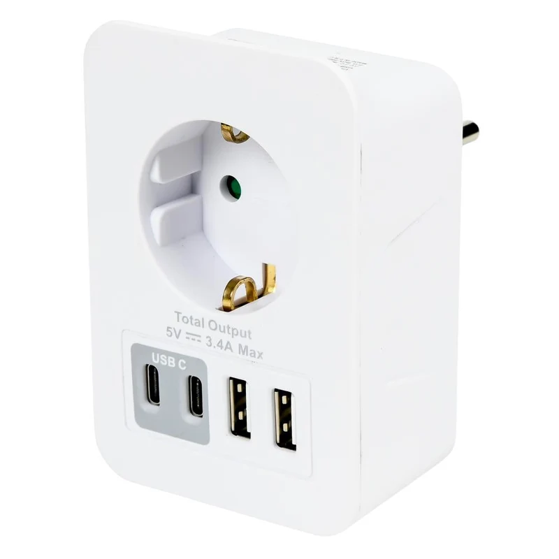 Benson Stopcontact met 2 USB-A en 2 USB-C Poorten - Kinderbeveiliging - Telefoon Dock