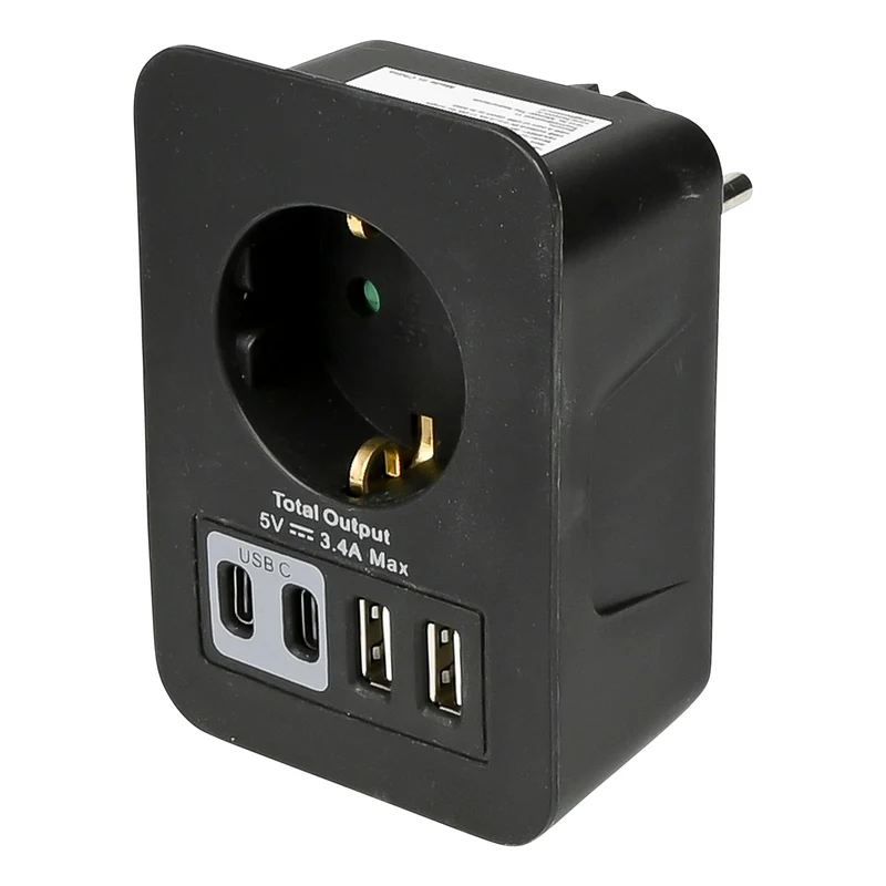 Benson Stopcontact Adapter - Randaarde - 2x USB-A & 2x USB-C - Zwart