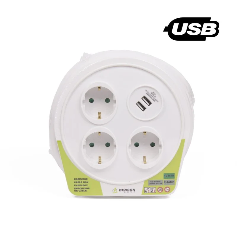 Benson Kabelbox – 10 meter – 3 Stopcontacten – 2 USB Poorten – Wit
