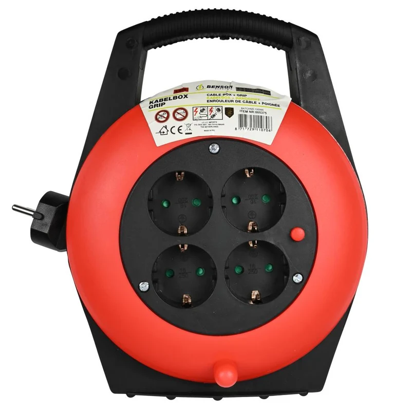 Benson Kabelbox met Grip – 5 meter – 4 Geaarde Stopcontacten – Zwart/Rood