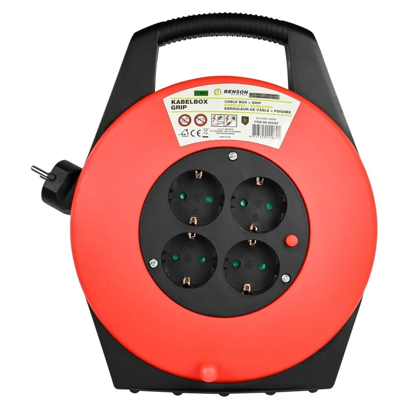 Benson Kabelbox met Grip – 10 meter – 4 Aansluitpunten – Rood/Zwart
