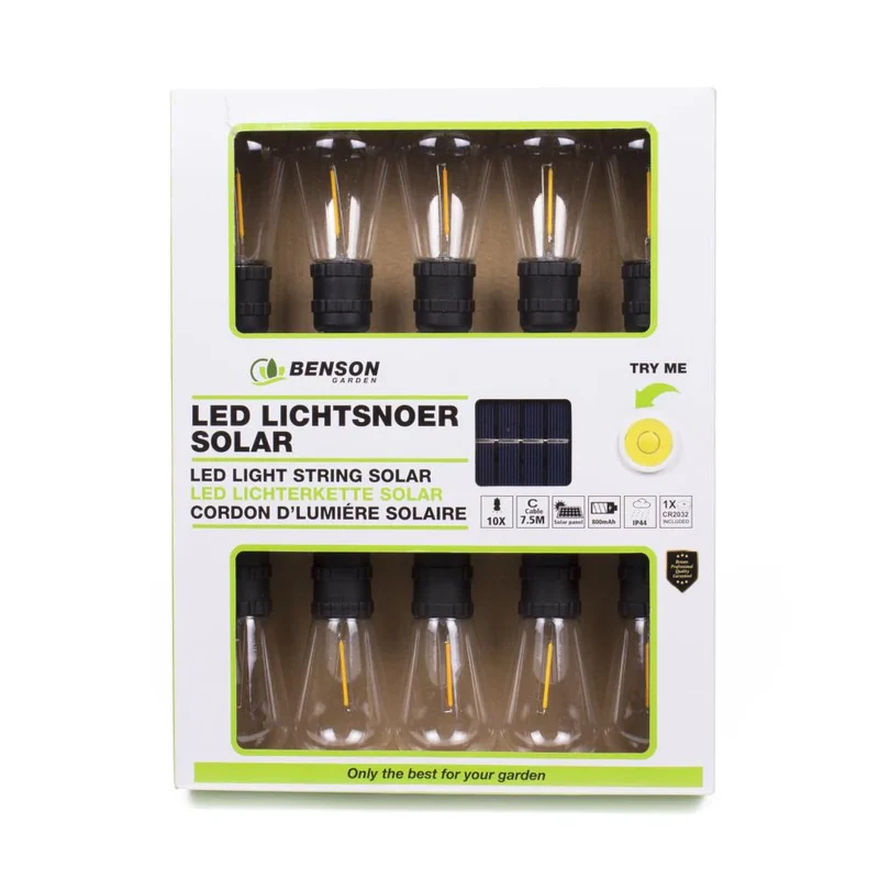 Benson Solar LED Lichtsnoer – 10 Filament Lampen – 7,5 Meter – Warm Wit