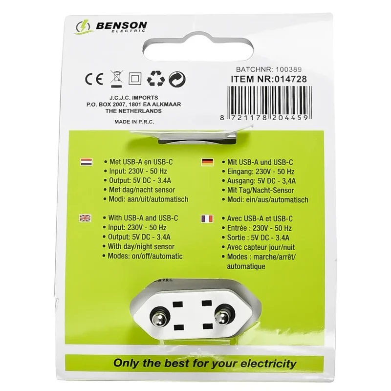 Benson Luxe Nachtlamp – USB-A & USB-C Oplaadstation – Dag/Nacht Sensor – 17W – Wit