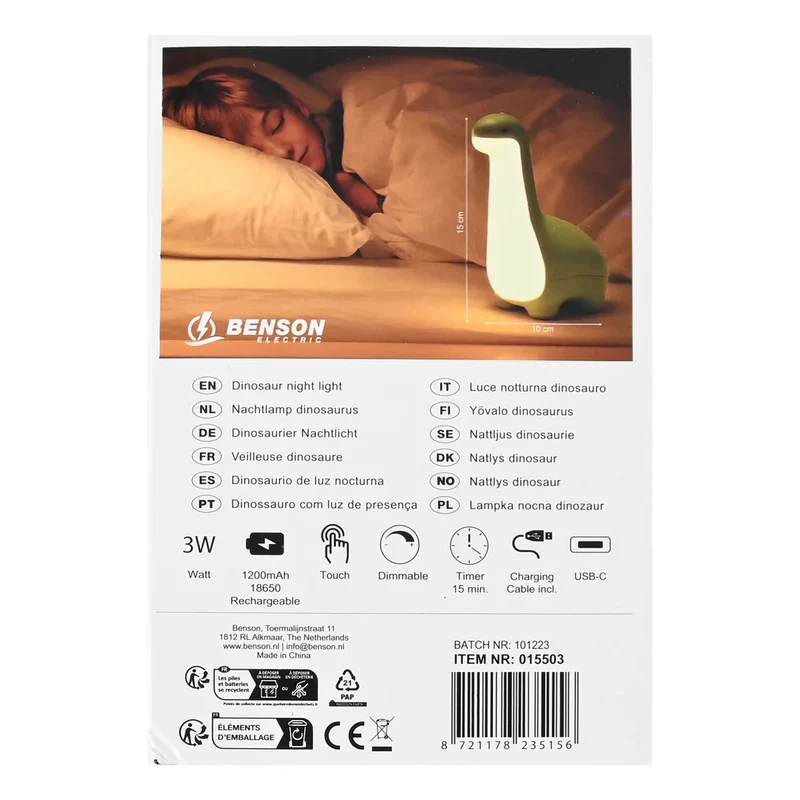 Benson Dinosaurus Nachtlamp – Groen – Dimbaar – Warm Licht – USB Oplaadbaar