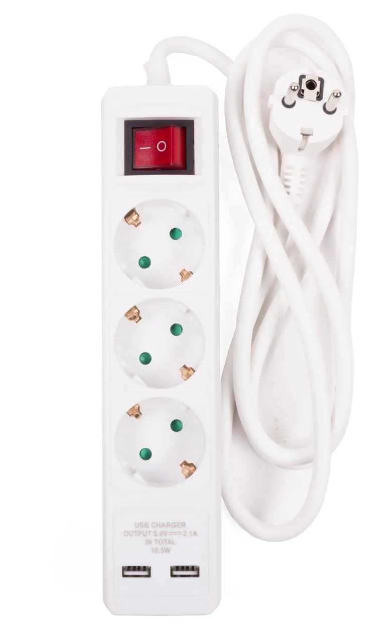 Benson Stekkerdoos met Schakelaar & USB – 3-voudig – 3 meter – Randaarde – Wit