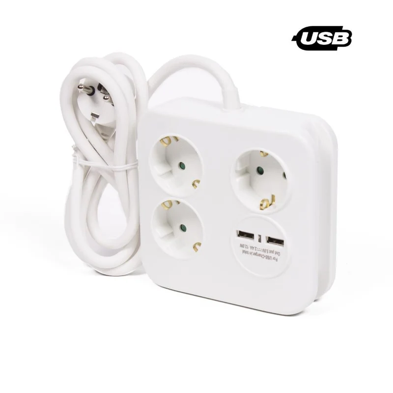Benson Vierkante Stekkerdoos met USB – 3-voudig – 1,5 meter – Wit