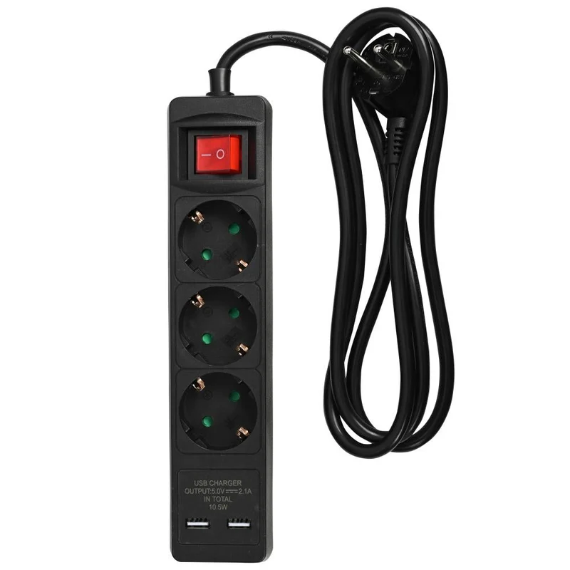 Benson Stekkerdoos met USB – 3-voudig – 1,5 meter – Schakelaar – Zwart
