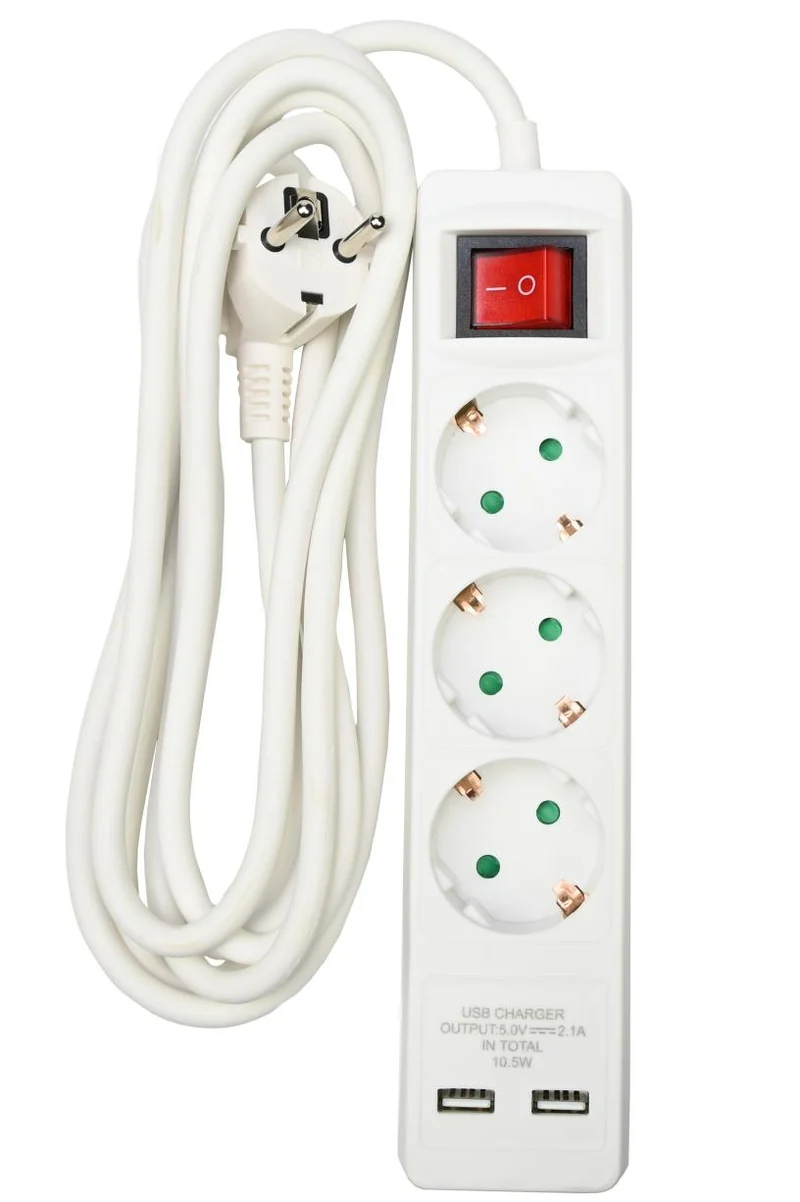 Benson Slimme Stekkerdoos met USB – 3-voudig – 3 meter – Randaarde – Wit