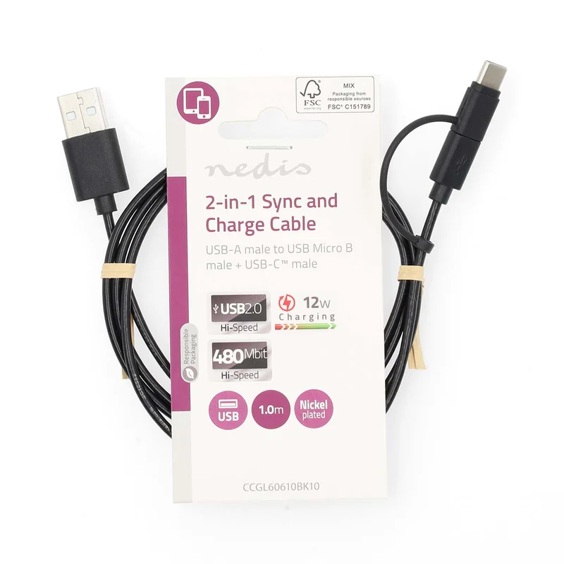 2-in-1-Kabel USB 2.0 - USB-A Male - USB Micro-B Male / USB-C™ Male