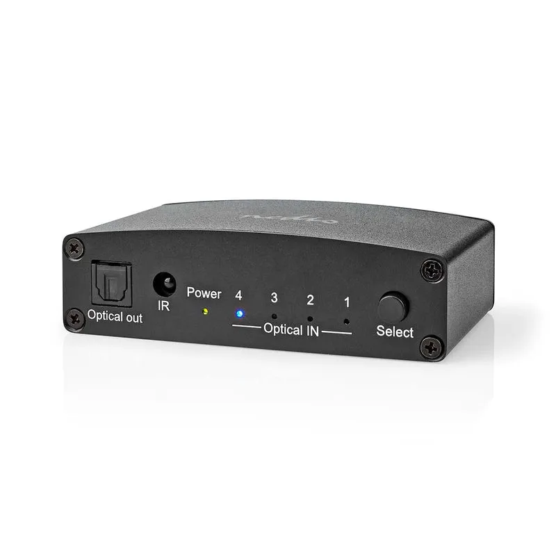 Digitale Audio-Switch 4-wegs - Ingangen audio / video / data: DC Power / 4x TosLink - Uitgangen audio / video / data: TosLink Female
