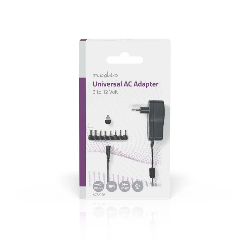 Universele AC-Stroomadapter 18W - 3 / 4.5 / 5 / 6 / 7.5 / 9 / 12 V DC - 1.10m