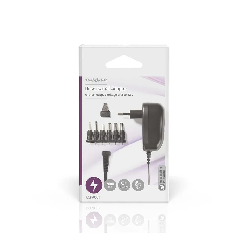 Universele AC-Stroomadapter 12W - 3 / 4.5 / 5 / 6 / 7.5 / 9 / 12 V DC - 1.80m