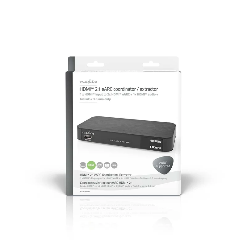 Digitale Audioconverter 2-wegs - Ingangen audio / video / data: DC Power / 1x HDMI™ Input - Uitgangen audio / video / data: 1x 3.5 mm Audio Out / 1x TosLink / 3x HDMI™ Output